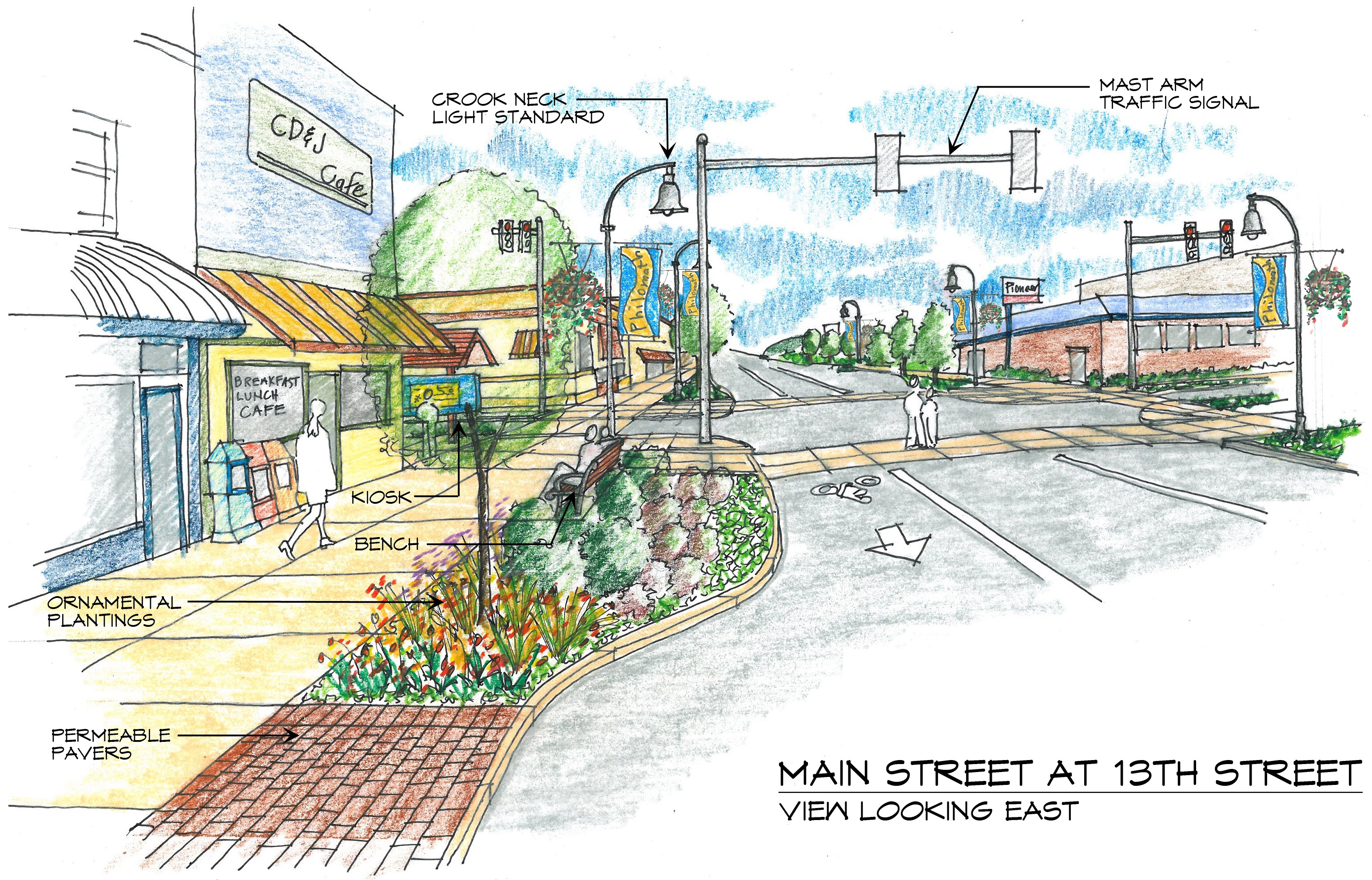 Conceptual  drawing of corner at Main Street & 13th 
